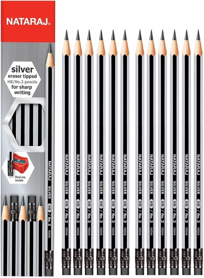 Nataraj Premium Silver HB Pencils With Rubber Tip (Premium Silver Finish)
